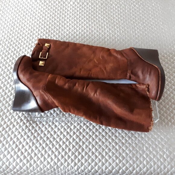 NWT MICHAEL Michael Kors brown distressed faux suede & faux fur lined long boots - Picture 5 of 15